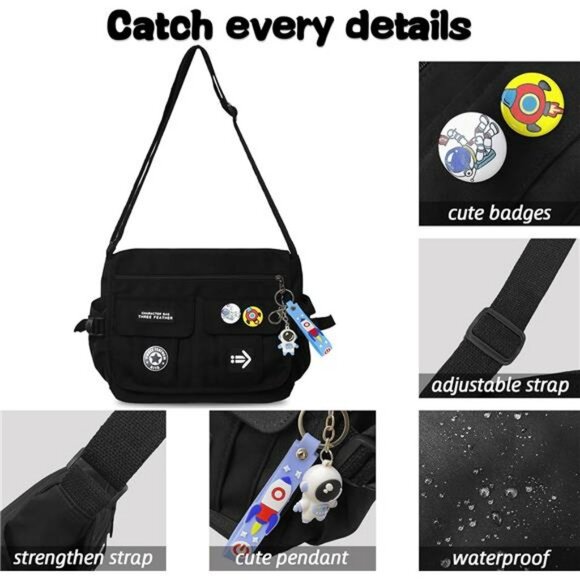 Black crossbody messenger bag waterproof nylon shoulder handbag travel purse - Picture 5 of 7